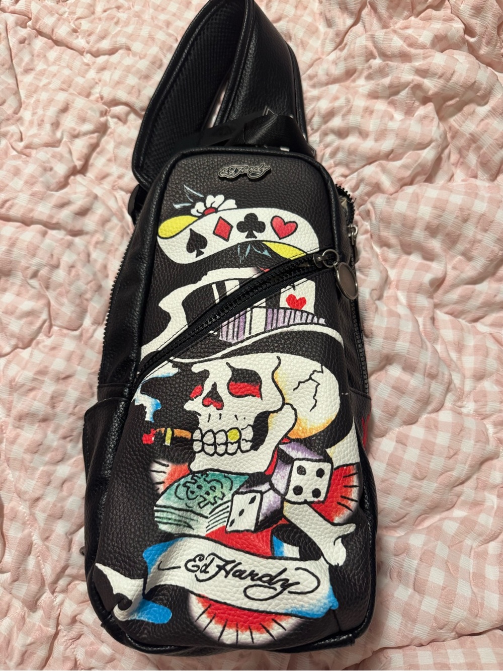Ed Hardy Black Skull & Playing Cards Sling Bag with Multicolor Tattoo Graphic